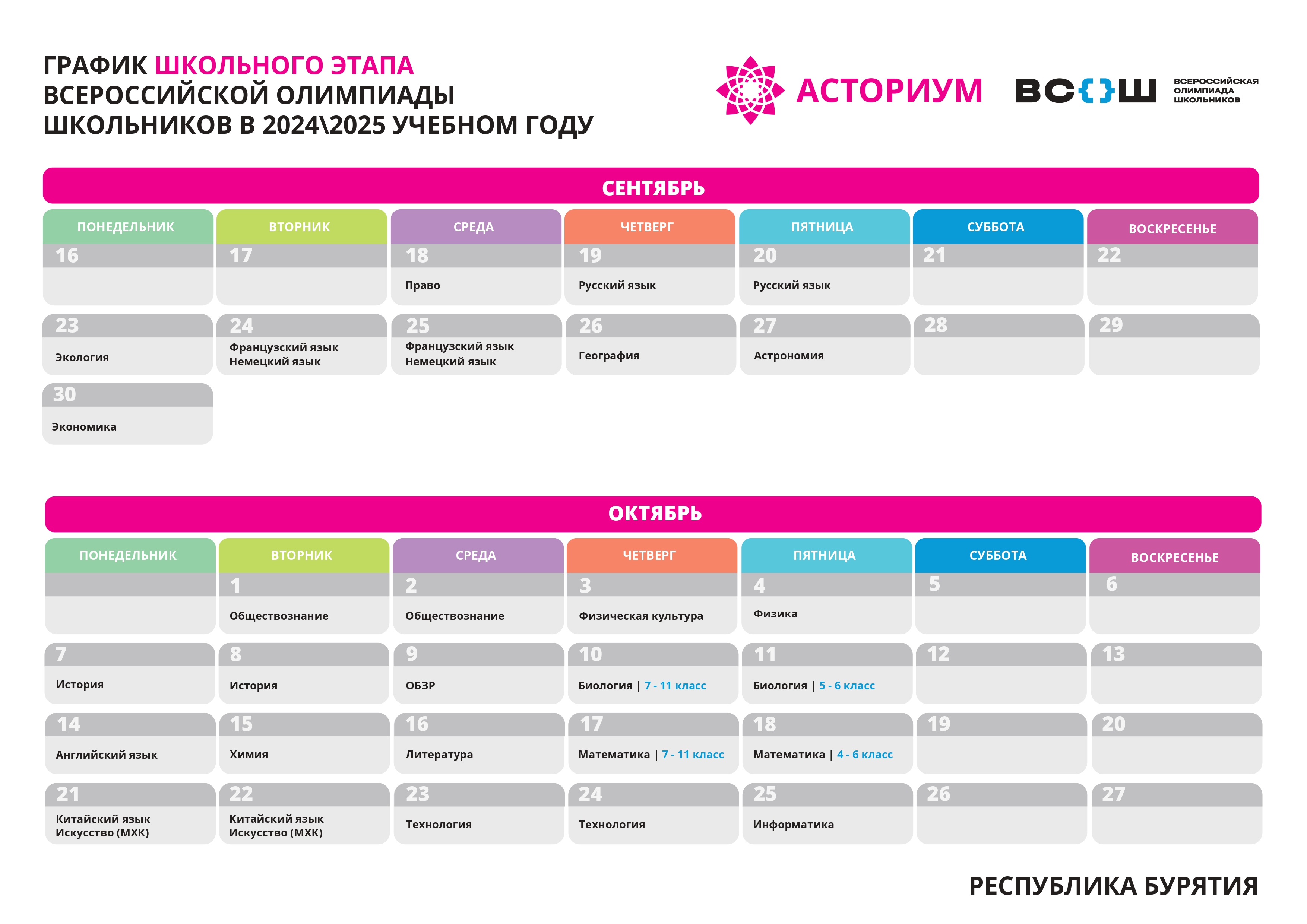 График проведения муниципального этапа ВсОШ 2024-2025 учебного года